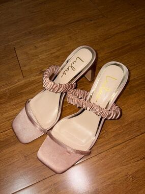 Lulu's Rose Blush Satin Ruched-Strap Square Toe Heeled Mules